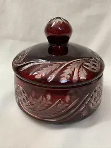 Exquisite Etched Cranberry Glass Covered Bowl or Candy Dish - 5 Inch Diameter - Picture 1 of 3
