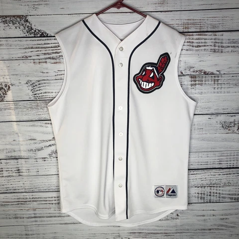Majestic Cleveland Indians White Sewn Home Sleeveless MLB Jersey Medium USA Made Cover