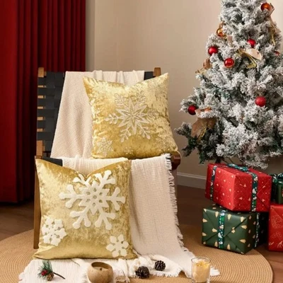 18x18 Gold Embroidered Velvet Pillow Cover Snowflake Holiday Decoration - Image 1 of 4