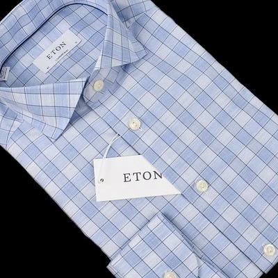 Camisa de Vestir ETON Azul Melange Cuadros CONTEMPORÁNEA Manga Larga Algodón 16 Nueva con Etiquetas Foto 1 de 2