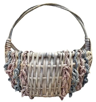 Wicker Wall Pocket Hanging Basket Round Vintage 12” Wide Pink Blue Knots Girly - Image 1 of 4