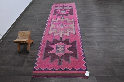 Vintage Turkish Runner Rug 3x10ft Wool Anatolian Handmade Hallway Oushak PINK - Image 1 of 4
