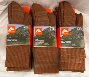 3 Pairs Ozark Trail Crew Socks Arch Support Wool Blend Brown Men's Size 6-12 x 3 - Picture 1 of 2