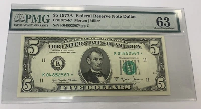 1977 A $5 Federal Reserve Star Note ~ FR#1975-K* ~ Dallas ~ PMG 63 ~Holder Cut - Image 1 of 4