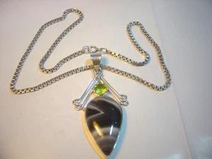 vintage Solid Silver Beautiful 18" Chain -Superb Large Botswana Agate & Peridot - Picture 1 of 13