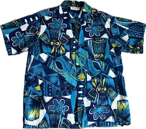 Vintage Hawaiian Blue & Yellow Floral Bongo Drums Pattern Shirt Made In Hawaii - Picture 1 of 9