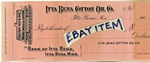 1906 Bank check ITTA BENA COTTON SEED OIL COMPANY Mississippi GREENWOOD Yazoo - Picture 1 of 1