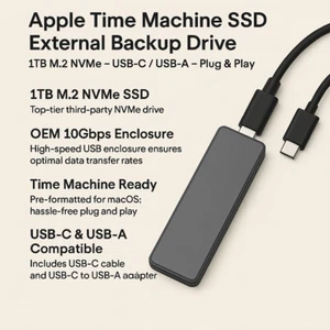 Disque de sauvegarde MacOS externe USB-A / USB-C M2 NVME Apple Time Machine SSD de 1 To - Photo 1/2