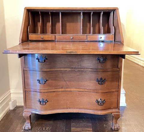 Early 20th Century Ball and Claw Feet Drop Down Secretary Desk Cover