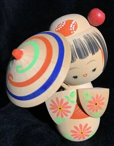 Kokeshi Wooden Doll With Umbrella Flower Signed Japanese Folk Art 5" Vintage - Picture 1 of 7
