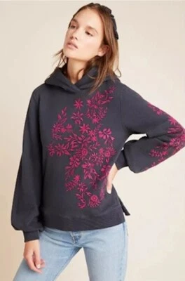 $130 MAEVE Anthropologie Navy Blue Embroidered Waverly Hoodie Sweatshirt Top S - Image 1 of 4