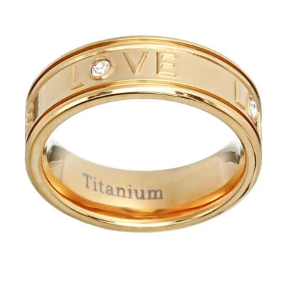 7mm Round CZ Titanium "LOVE" Monogram Gold Plated Men Wedding Engagement Band - Image 1 of 4