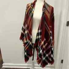 Francesca's Red Plaid Sweater Wrap fringe and pockets one size