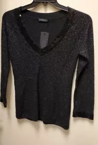 $1595 Nwt Donna Karan New York Black Sequin & Beaded L / S , V Neck Sweater (M) - Picture 1 of 5