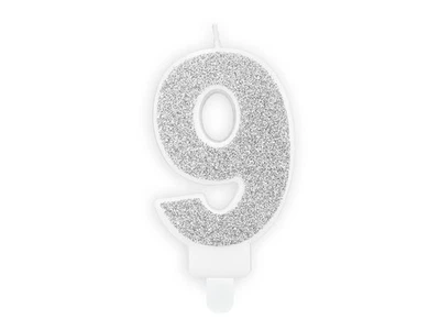 CANDELA numero 9 Argento GLITTER per torta - candelina in cera numerale per dolc - Immagine 1 di 2