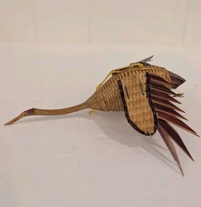 Vintage Christmas Ornament Crane Handwoven Flying Bird Herring 6in Wood Tone  - Picture 1 of 14