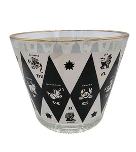 Vintage Zodiac Glass Ice Bucket Bowl Black White Harlequin Gold Astrology MCM - Picture 1 of 6