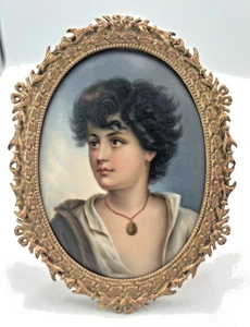 Antiguo retrato francés en miniatura niño marco elegante tamaño grande con sello - Imagen 1 de 9