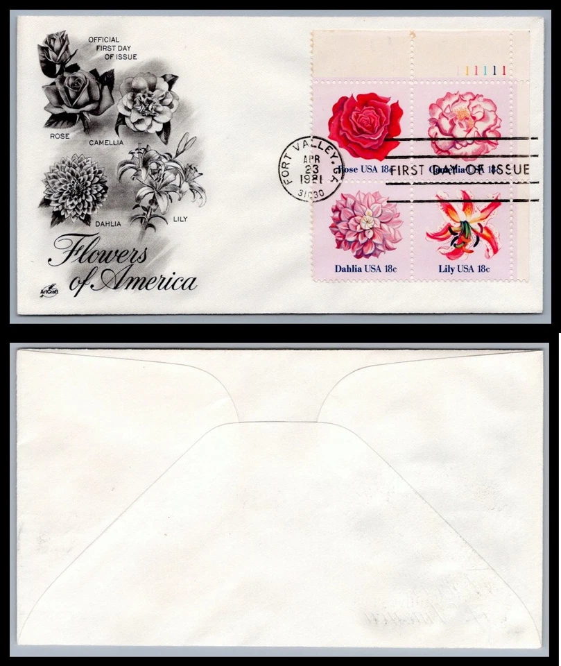 US FDC # 1876-1879 18c Flowers of America  ArtCraft Plate Block LL 1981, 9Q986 - Image 1 of 1