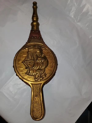 Vintage Fire Place Starter  bellows ,Handheld, Ship Art Gold,made In England - Image 1 of 4