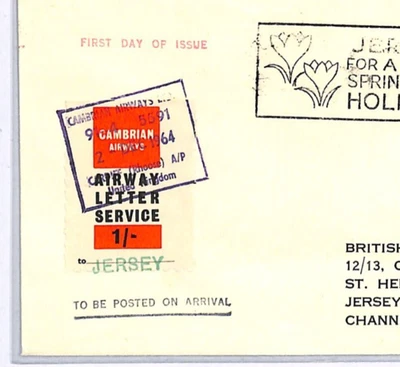 GB *JERSEY* CAMBRIAN AIR 1s Letter Stamp FDC Wales Cardiff 1964 Cover WY154 - Image 1 of 4
