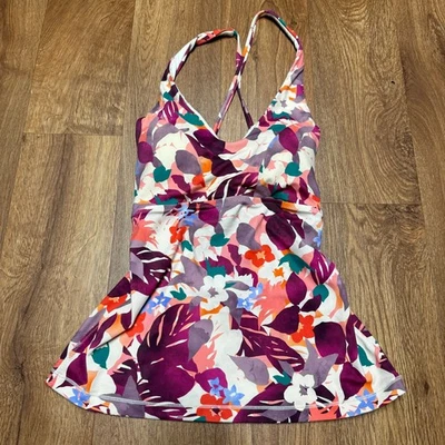 Athleta Womens Purple Floral Lace Up Tankini Swim Suit Top Size Small Tall ST - Image 1 of 4