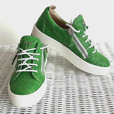 Giuseppe Zanotti Gail Green  Emerald Glitter Sneakers Size 37 Tie Zipper Womens - Image 1 of 4