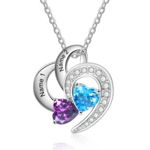 Custom 1-4 Name Birthstone Necklace Jewelry Heart Zirconia Silver Adjustable - Picture 1 of 11