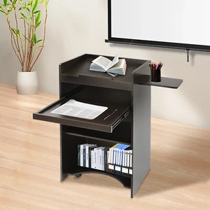 Podium Stand Freestanding Lectern Reception Desk with 4 Wheels for Classroom - Picture 1 of 20