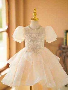 Luxury Fashion Girls Evening Dress Short Sleeves Girl Princess Skirt Party Gown - Picture 1 of 8