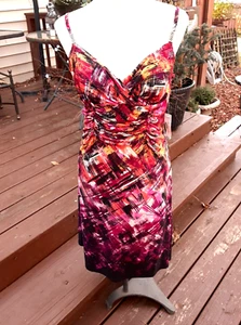 Vintage BISOU BISOU SPAGHETTI STRAP ABSTRACT RUCHED MULTICOLOR DRESS NWT Sz 14 - Picture 1 of 12