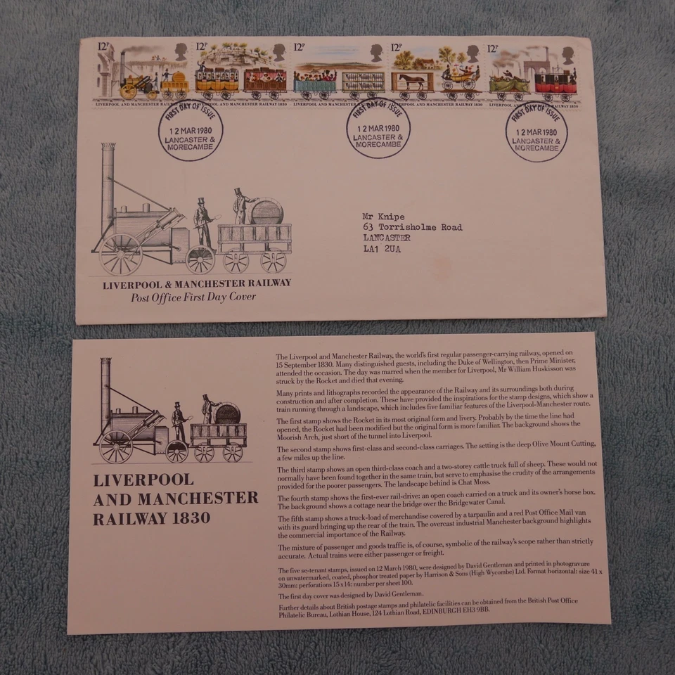 First Day Cover, GB 12/3/80, Liverpool & Manchester Railway, FDI Lancaster & Mor - Image 1 of 1