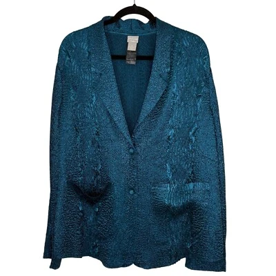 Chico's Travelers Blazer Size 3 16 18 Crinkle Textured Pockets Teal Blue - Image 1 of 4