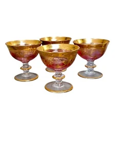 Vintage Gold Encrusted Italian Pink Crystal Compote Glasses~Set/4~SC Line,Italy - Picture 1 of 11