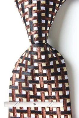 Classic Checks Plaids Brown Yellow JACQUARD WOVEN 100% Silk Men's Necktie Tie - Image 1 of 4