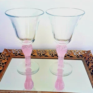 2pc Artland Iris 12oz Blown Glass Wine Goblets Pink Bubble Thick Teardrop Stem - Picture 1 of 7