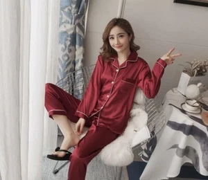 Women's Silk Satin Pajamas Set Long Sleeve Button-Down Sleepwear Loungewear Plus - Picture 1 of 3