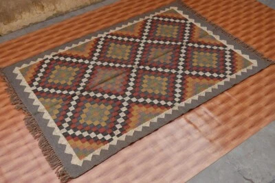 多色小地毯 4x6 黄麻边印度手工几何设计 — 第 1/4 张图片