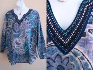 Liz & Me cotton tunic top shirt plus size 4x vneck paisley copper blue blouse - Picture 1 of 13