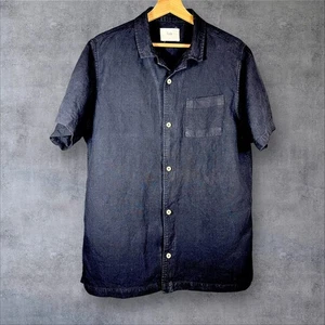 Folk Linen Shirt Large Navy Camp Collar Short Sleeve Boxy Fit Minimal Summer - Picture 1 of 9