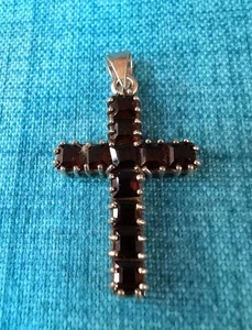 Wunderschöner Sterling Silber Stein echter roter Granat Kreuz Anhänger - Bild 1 von 8