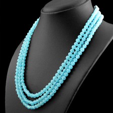 371.95 CTS NATURAL RICH BLUE CHALCEDONY 3 STRAND ROUND SHAPE BEADS NECKLACE