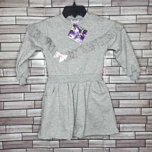 New Blueberi Girls Dress Size 6 Grey Long Sleeve Outfit Pink Bow Ruffles Top - Picture 1 of 12