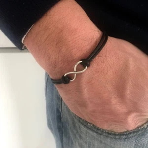 Bracciale INFINITO con ciondolo Argento in corda Nero braccialetto da Uomo Donna - Foto 1 di 4