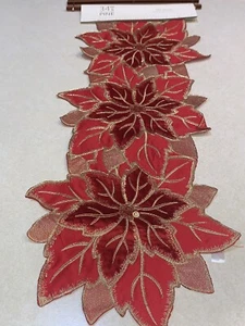 34TH & PINE Table Runner Holiday Embroidered Poinsettia Red & Gold 14” x 36” - Picture 1 of 8