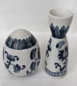 Vintage Ceramic Crackle Egg And Vase Blue Asian Pottery Decor Set - Picture 1 of 12