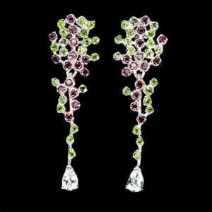 925 Sterling Silver Earrings Pear Aquamarine Chrome Diopside Rhodolite Gemstone - Picture 1 of 10