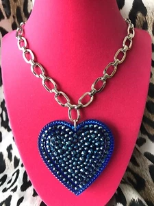 Luly Lu "Abyss" Vintage HUGE Lucite Heart Metallic Blue Swarovski Necklace - Picture 1 of 8