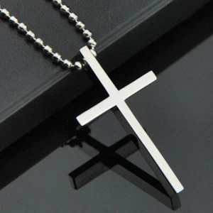 Simple Stainless Steel Silver Tone Cross Pendant Chain Necklace for Men Women - Picture 1 of 8
