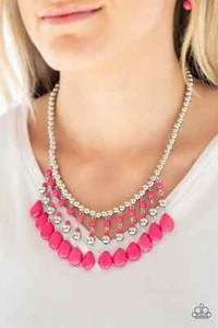 Paparazzi "Rural Revival" Pink Crackle Teardrop & Silver Beaded Fringe Necklace - Picture 1 of 3